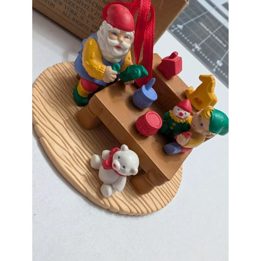 Avon Christmas with Santa in the Workshop‎ molded plastic ornament vtg w/ box